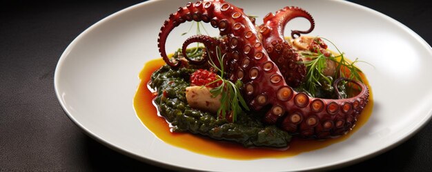 Tentacoli di polpo bolliti su un piatto di pietra Cibo di mare Generativo ai