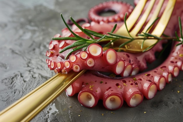 Tentacolo di polpo crudo su una forchetta in cucina