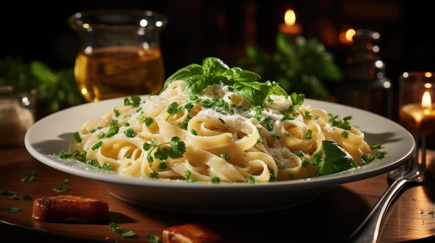 Tentante Fettuccine Alfredo coperto di parmigiano e un tocco di prezzemolo vibrante Generativa AI