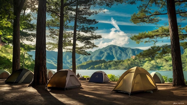Tente da campeggio sotto i pini con la luce del sole al lago Pang Ung Mae Hong Son in Thailandia