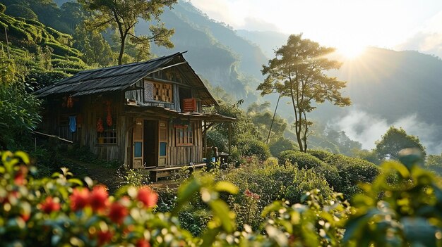 Tenuta di tè di montagna Tapai con una casa di tè di rattan xAxA