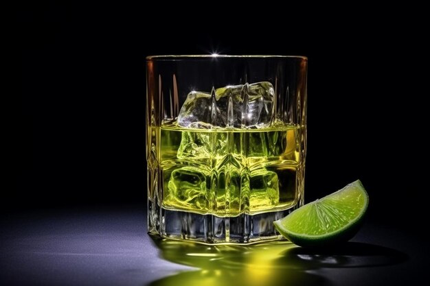 Tequila a vista laterale in un bicchiere servito con lime e sale