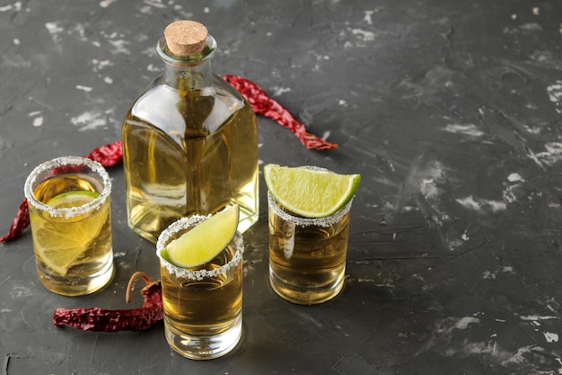 Tequila d'oro in un bicchierino di vetro con calce salata e peperoncino su uno sfondo di cemento nero bevande alcoliche della barra