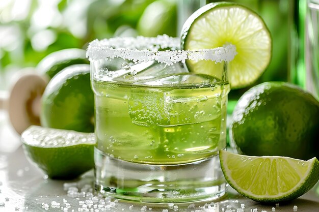 Tequila e fetta di lime su un bicchiere con bordo di sale da vicino