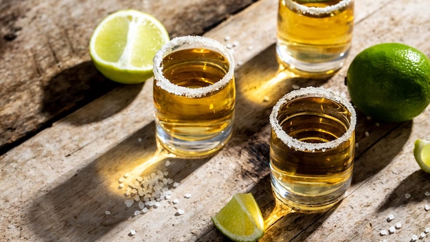 Tequila messicana con lime e sale su sfondo nero rustico spazio per testo bevanda di lusso Concetto di bevanda alcolica