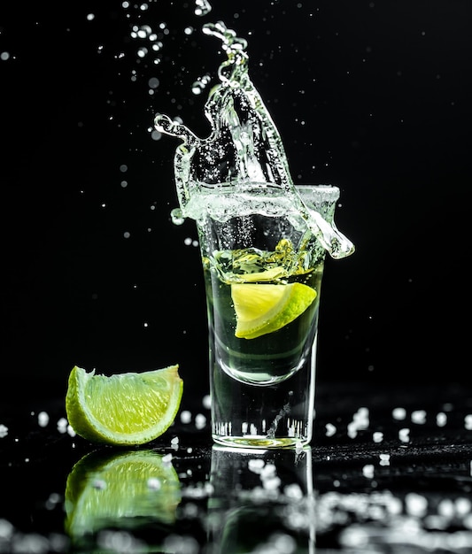 Tequila messicana con lime e sale su sfondo nero spazio per il concetto di testo bevanda di lusso Bevanda alcolica Congelare le gocce di movimento in schizzi di liquido Bevanda nazionale messicana