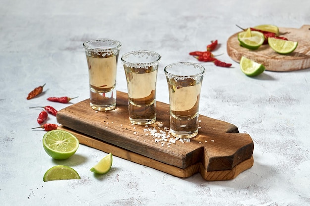 Tequila messicana d'oro con lime e sale su fondo rustico bianco Concetto di bevanda alcolica. Tequila