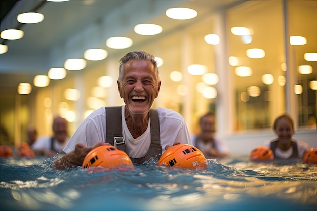 Terapia acquatica Un paziente anziano sorride durante una sessione di mobilità nella piscina IA generativa