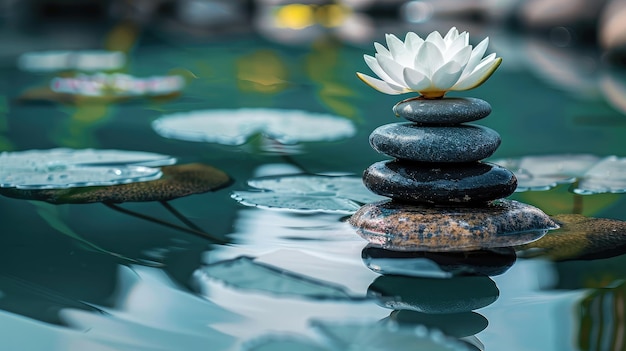 Terapia alternativa naturale della spa con pietre da massaggio e gigli d'acqua in acqua