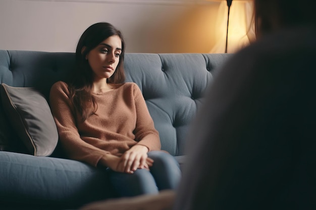 Terapia psicologa pensante e donna in consultazione per la salute mentale sul divano
