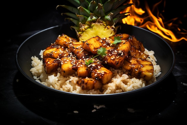 Teriyaki pollo e piatto di riso ananas