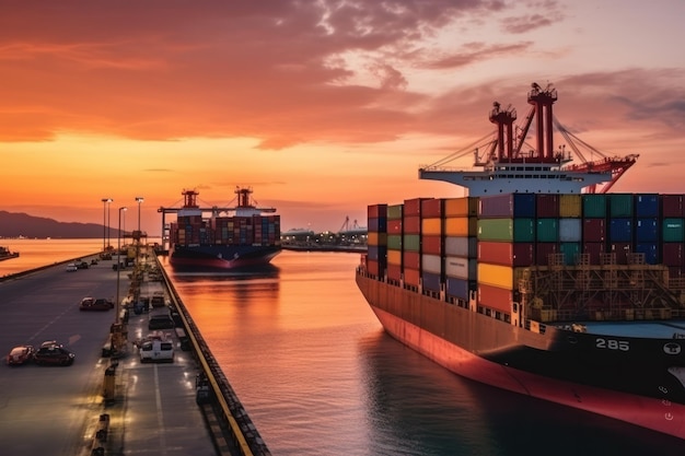 Terminal logistico in un porto marittimo con una gru che carica container per spedire merci