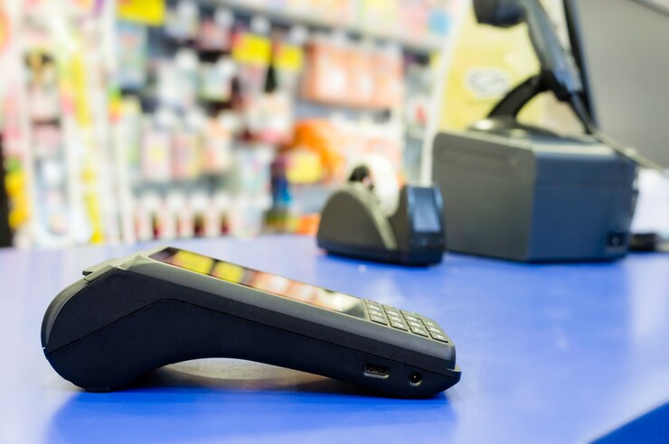 Terminal pembayaran kartu kredit, konsep jual beli produk & layanan. NFC atau teknologi nirkabel