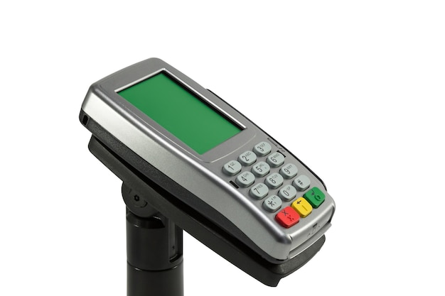 Terminale per carte di credito isolato su sfondo bianco