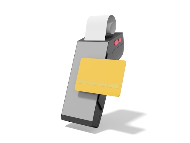 Terminale POS nero grigio con carta di credito e assegno Macchina moderna per il pagamento senza contanti Dispositivo per il rendering 3D di pagamento NFC su sfondo bianco