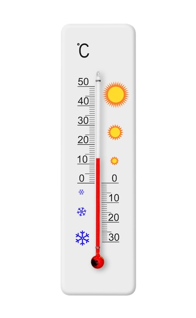 Termometro a scala Celsius isolato su sfondo bianco Temperatura ambiente più 13 gradi