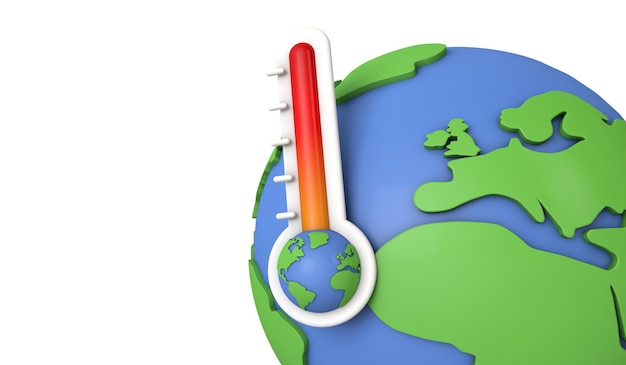 Termometro di concetto di riscaldamento globale del pianeta terra con il modello di terra d render