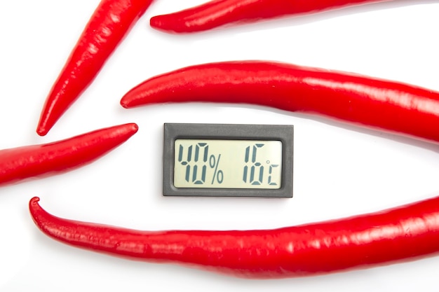 Termometro digitale per misurare la temperatura e l'umidità dell'aria sullo sfondo della metafora del peperoncino piccante