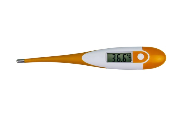 Termometro medico digitale che mostra la temperatura del corpo umano sano 36,6 gradi Celsius isolati su sfondo bianco