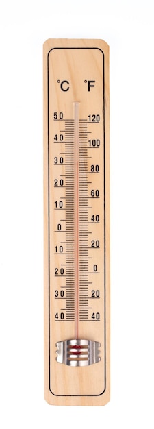 termometro su base in legno isolato su sfondo bianco