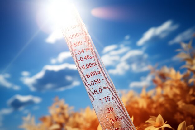 Termometro su uno sfondo soleggiato che misura il calore del sole