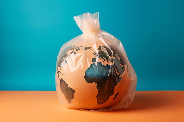 Terra avvolta in un sacchetto di plastica concetto di ambiente globale ai generativo