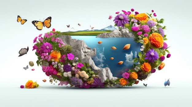 Terra con l'illustrazione realistica della foto dei fiori che sbocciano