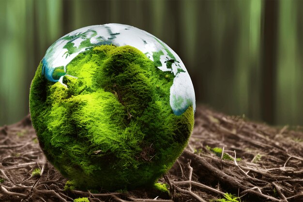 Terra con più alberi e piante globo di vetro su muschio verde natura sfondo generativo ai