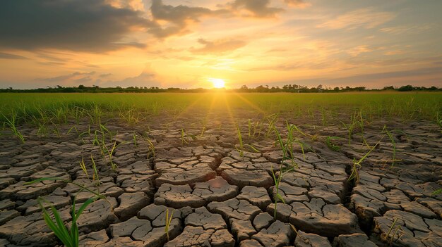 Terra con terreno asciutto e fessurato e campi verdi Deserto sfondo del riscaldamento globale