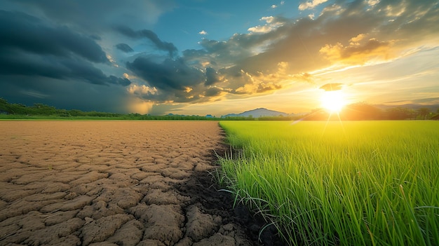 Terra con terreno asciutto e fessurato e campi verdi Deserto sfondo del riscaldamento globale