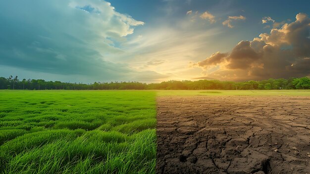 Terra con terreno asciutto e fessurato e campi verdi Deserto sfondo del riscaldamento globale