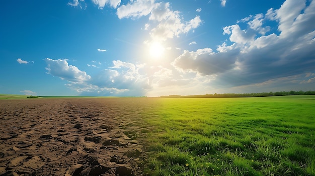 Terra con terreno asciutto e fessurato e campi verdi Deserto sfondo del riscaldamento globale