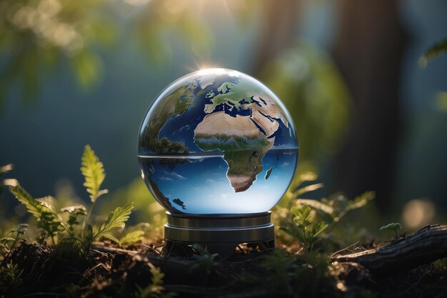 Terra cristallo globo di vetro palla e albero in mano robot salvare l'ambiente salvare un pianeta pulito