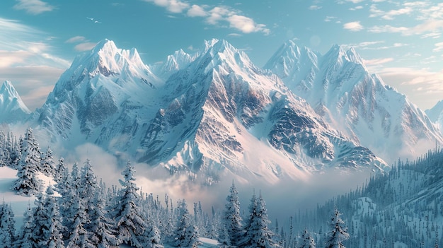 Terra delle Meraviglie invernali Montagne innevate e pini