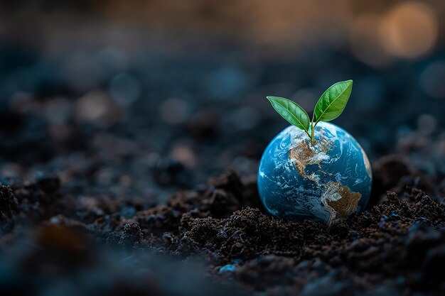 Terra globale sul suolo nella foresta con felci e sole