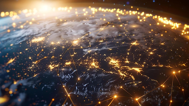 Terra illuminata di notte connettività globale e reti immagine generata che raffigura la globalizzazione rappresentazione digitale della terra di alta tecnologia AI