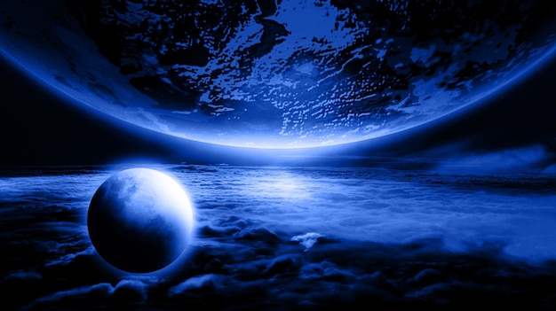 Terra luminosa e orbita su sfondo blu Sfondo della tecnologia Internet