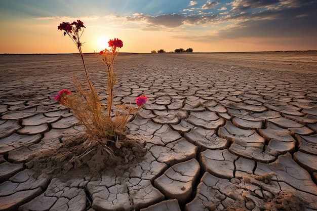 Terra prosciugata con un solo fiore che cresce da essa generativa ai