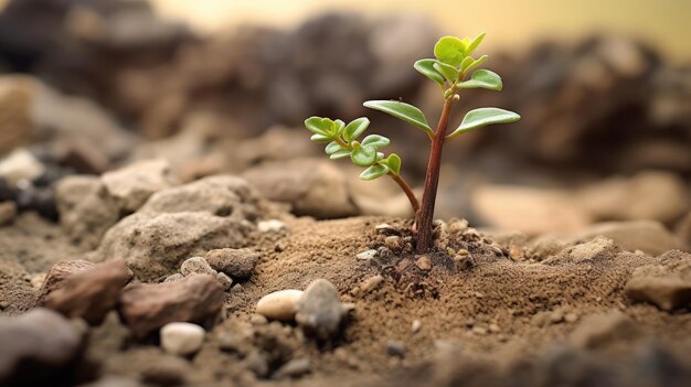 Terra secca con orizzonte lungo e poche foglie verdi in primo piano creata con tecnologia generativa di IA