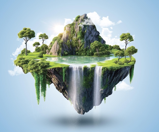 Terra volante con bellissimo paesaggio erba verde e cascate montagne illustrazione 3d isola