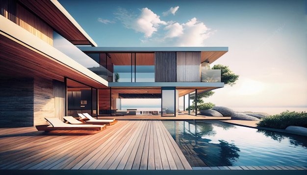 Terrace in legno di lusso Architettura in legno Piscina moderna Eco Hotel Disegno Imitazione Riassunto Illustrazione generativa AI