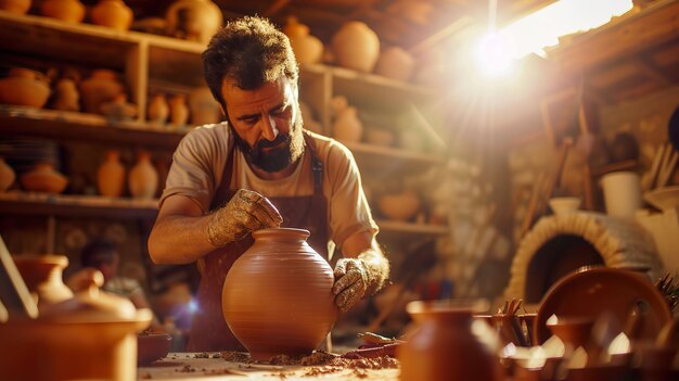 Terracotta in argilla che crea un vaso tradizionale circondato da strumenti e forni di tecniche antiche e moderne