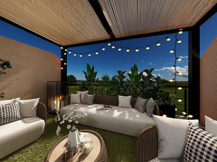 Photo terraza con pergola y estilo boho mediterraneo