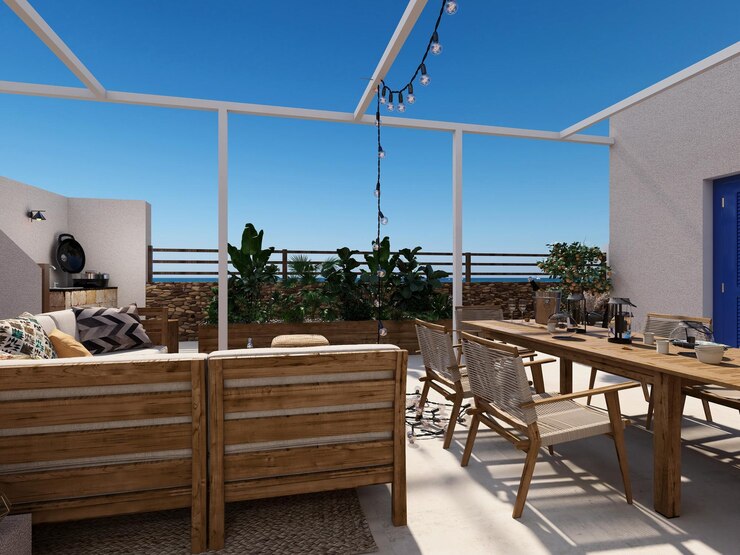 Photo terraza con piscina y comedor casa en la playa