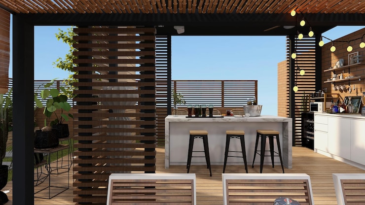 Photo terraza con zona chill out y jacuzzi con pergolas y plantas