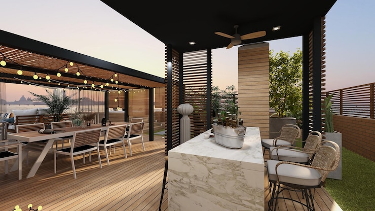 Photo terraza con zona chill out y jacuzzi con pergolas y plantas
