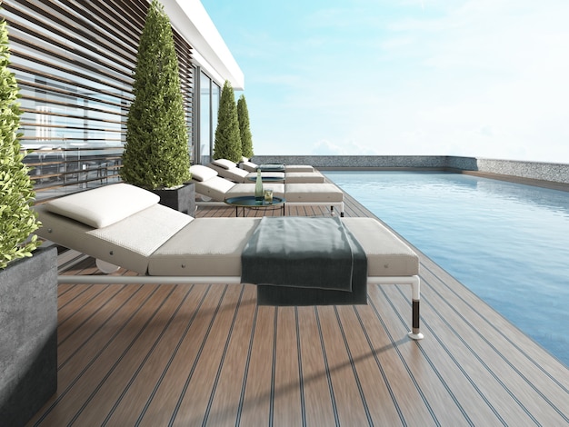 Terrazza a bordo piscina con lettini vicino alla casa moderna. Rendering 3D