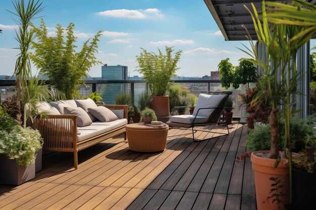 Terrazza accogliente sul tetto all'aperto con poltrone e piante in vaso