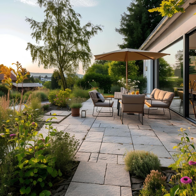 Terrazza con pavimento in pietra naturale Mobili da giardino