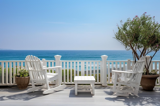 terrazza con recinzione bianca in legno con vista sull'oceano